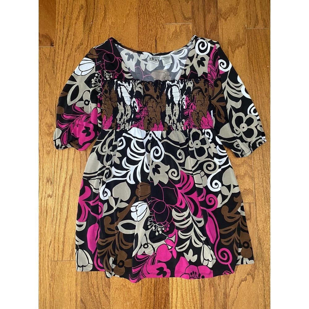 Duo Maternity Brown Pink White Floral Puff Sleeve Shirt Size Small
